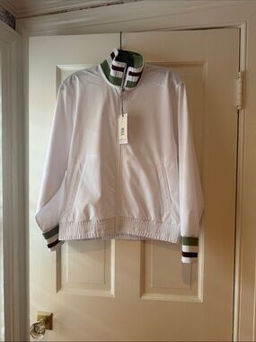 Veronica Beard White Varsity Zip Jacket with Green & Brown Trim